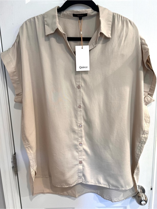Quince Tops - Quince Beige Button-Up Short Sleeve Blouse